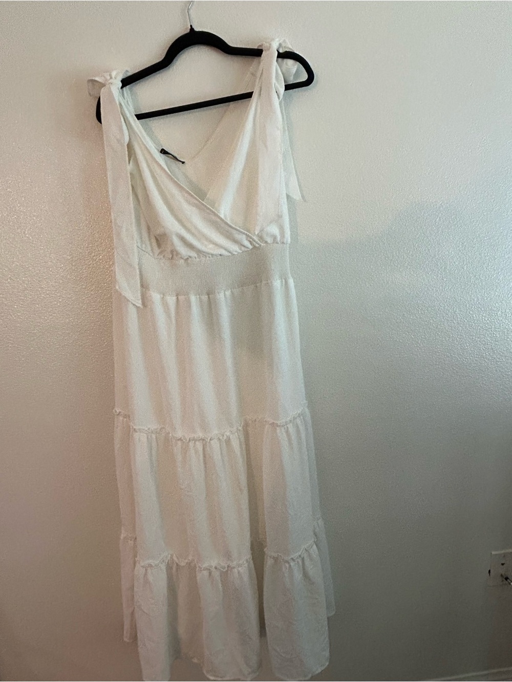 White V-Neck Tiered Maxi Dress with Tie Shoulder Straps
